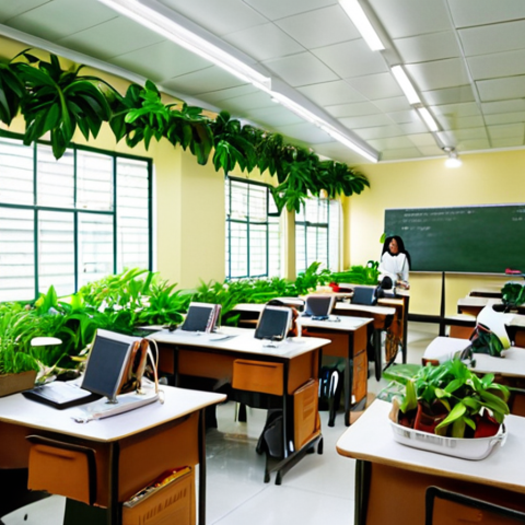 **A classroom in Thailand filled with lush green plants, desks arranged far from electrical outlets, and students using LED lamps with low EMF ratings, illustrating a low-EMF learning environment.**