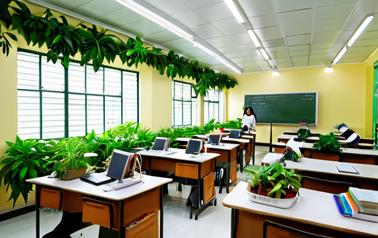 **A classroom in Thailand filled with lush green plants, desks arranged far from electrical outlets, and students using LED lamps with low EMF ratings, illustrating a low-EMF learning environment.**